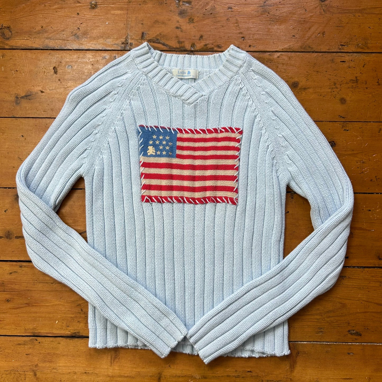 vintage 00s baby blue knitted flag jumper