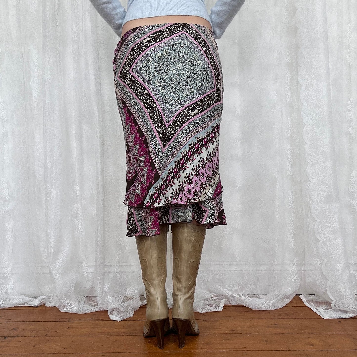 vintage 00s brown and purple paisley print midi skirt