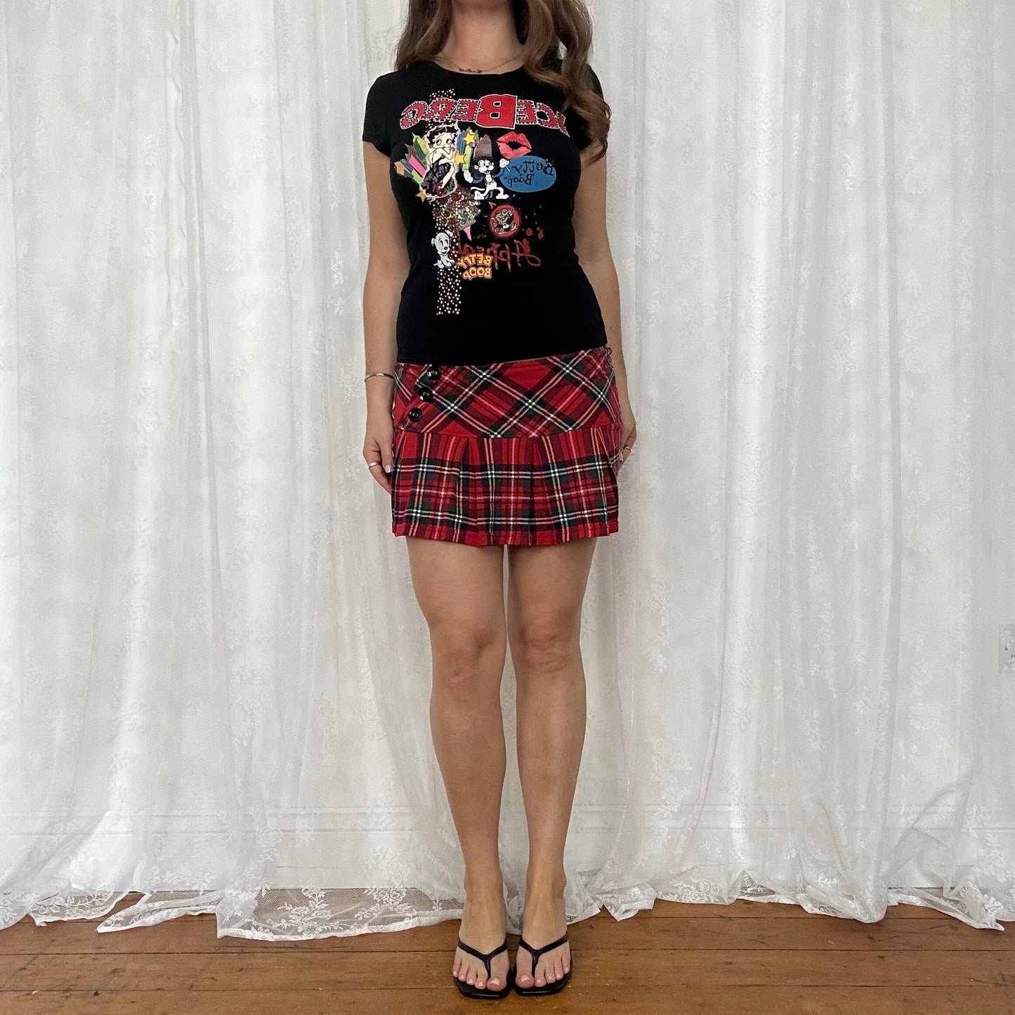 vintage 00s red tartan pleated mini skirt with matching scarf