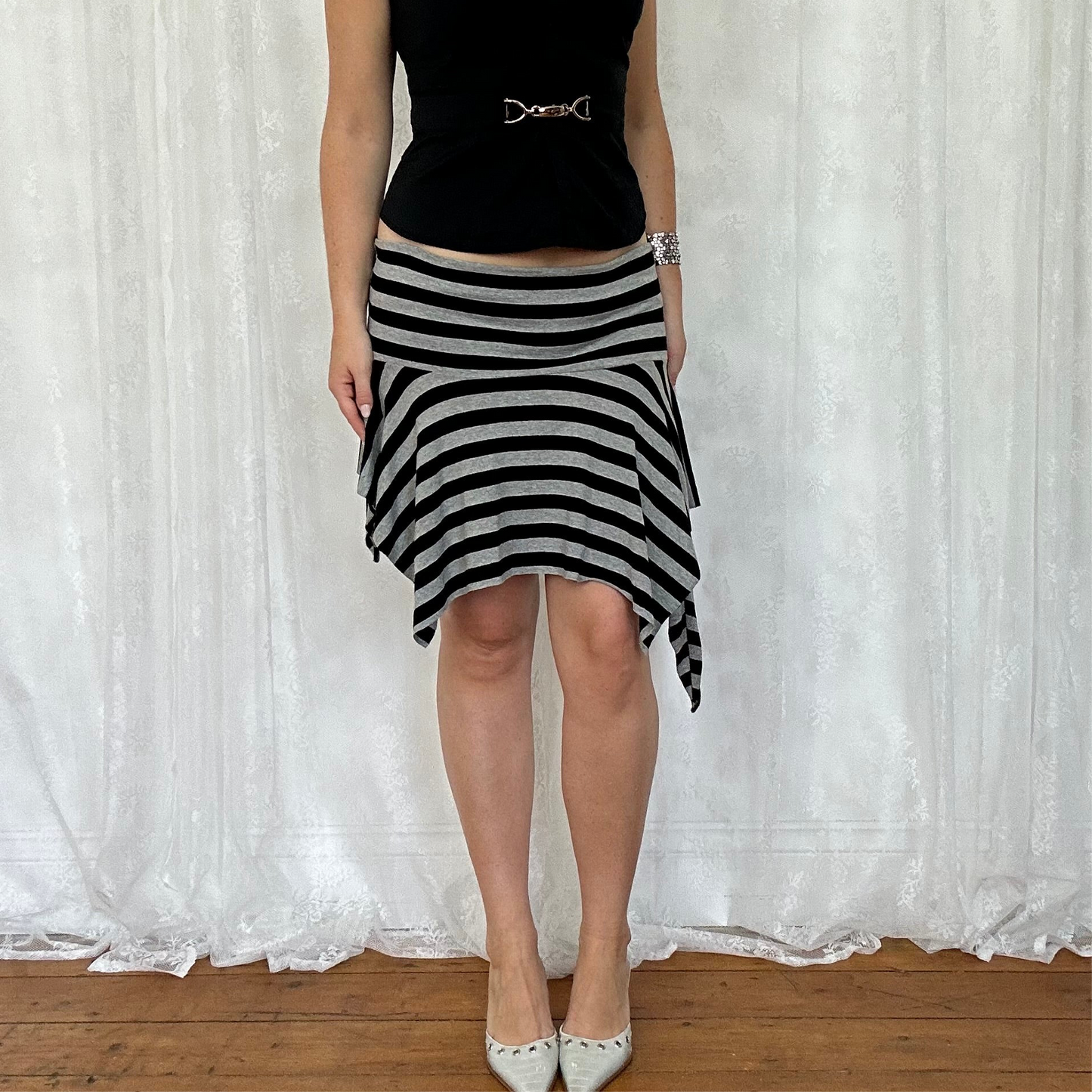vintage 00s pimkie black and grey stripey asymmetrical mini skirt