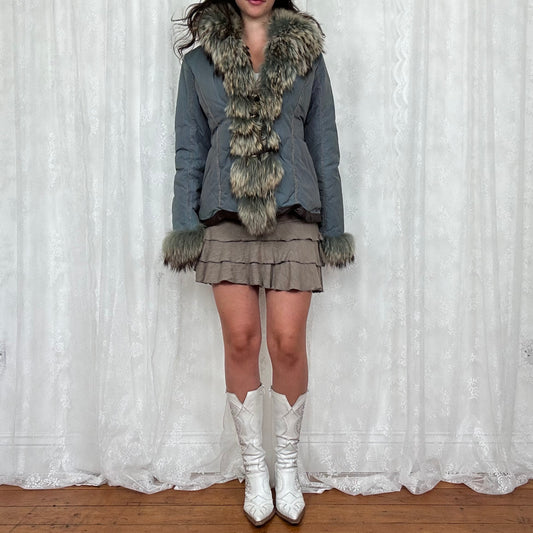 vintage 00s blue padded afghan jacket with faux fur trim and buckles