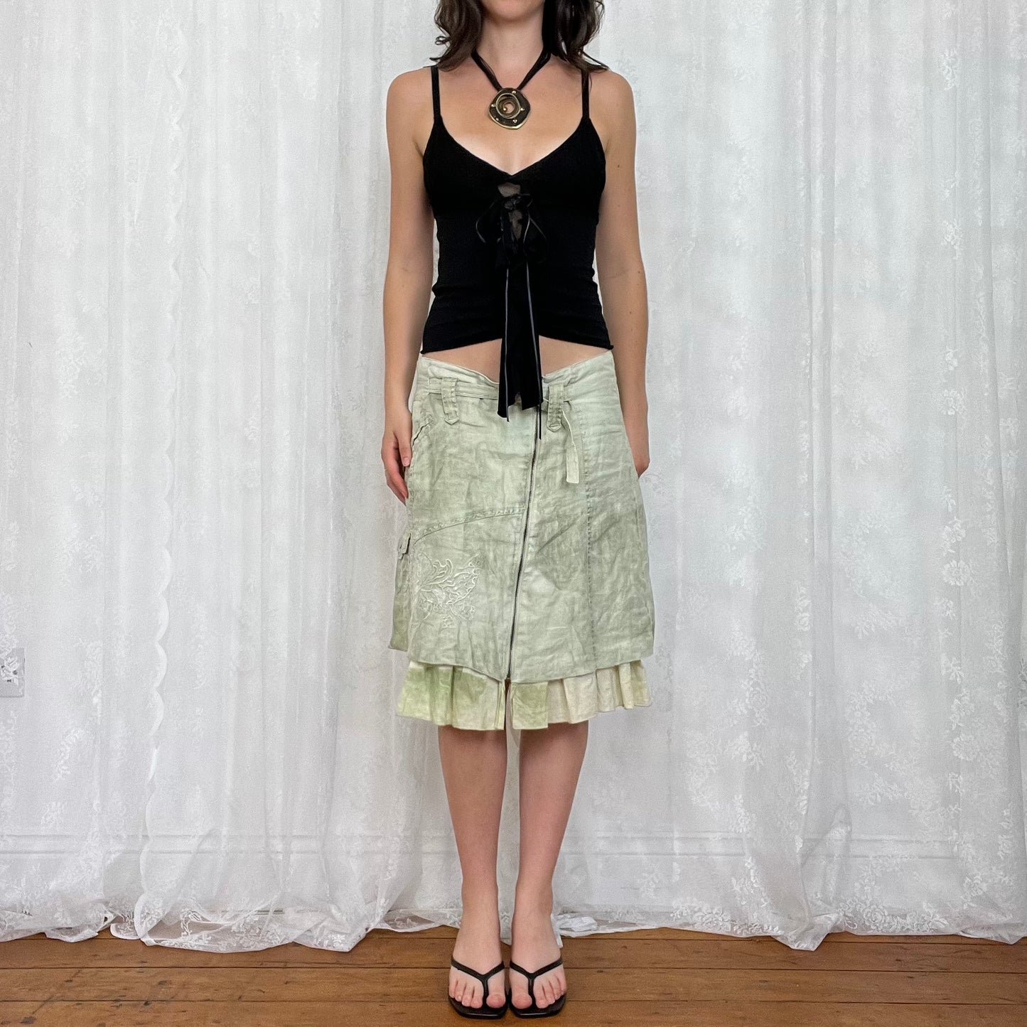 vintage 00s black lacy cami with tie up ruffle detail