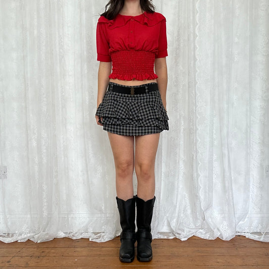 vintage 00s red sheer shirred short sleeve shirt