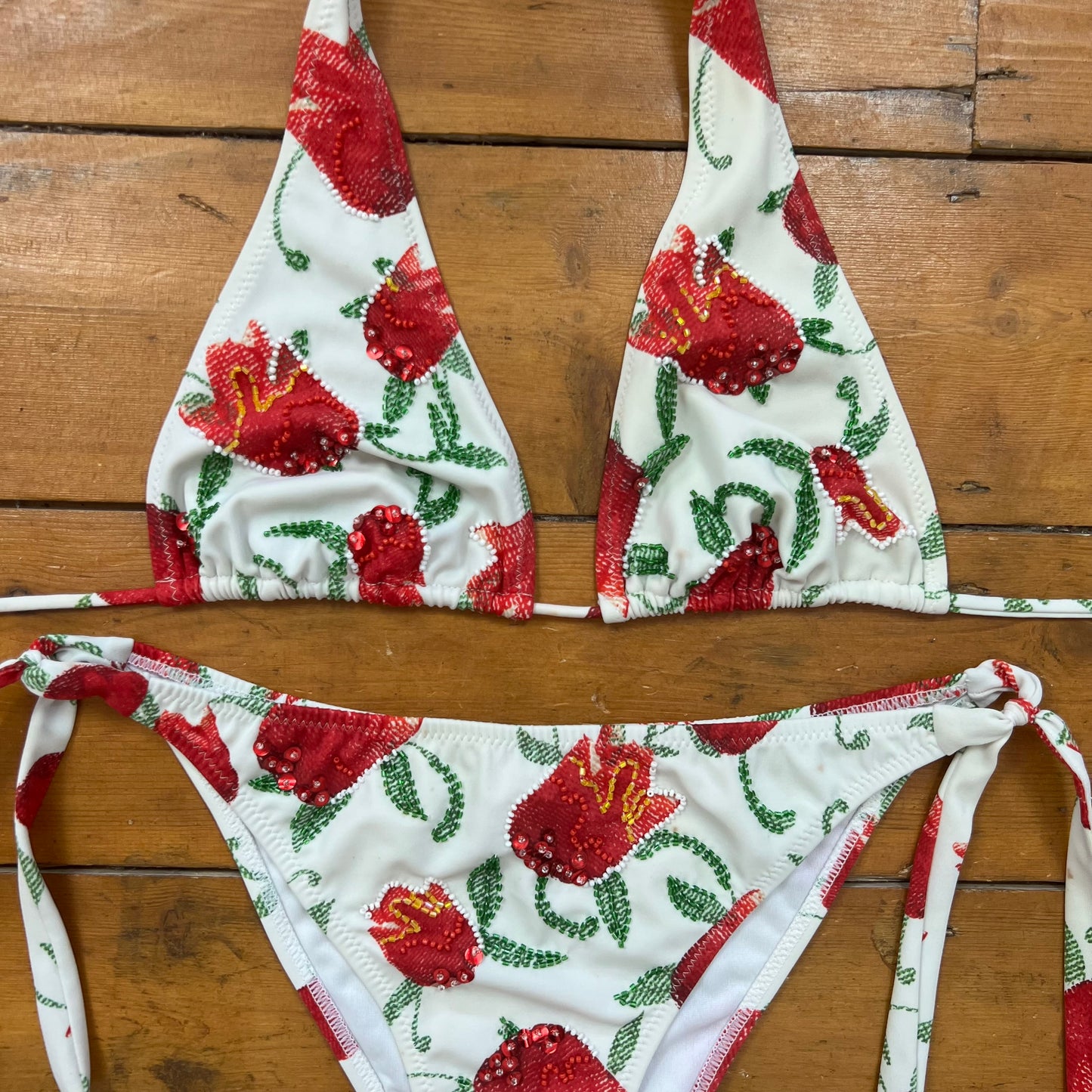 vintage 00s white and red beaded floral bikini set