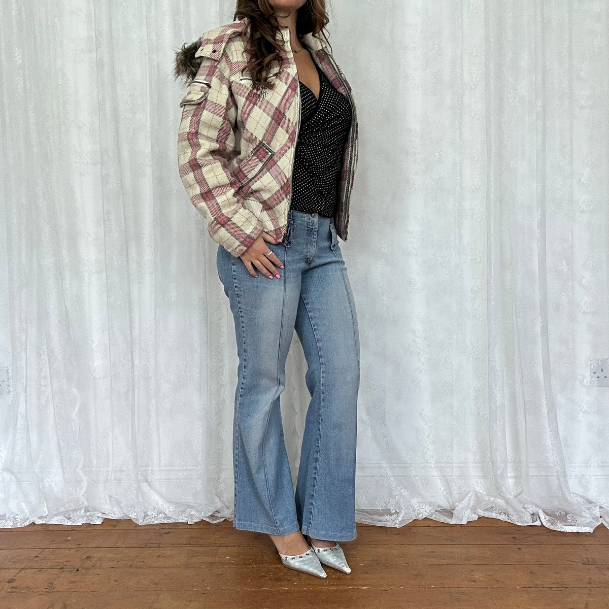 vintage 00s pink and white checkered hooded bomber jacket