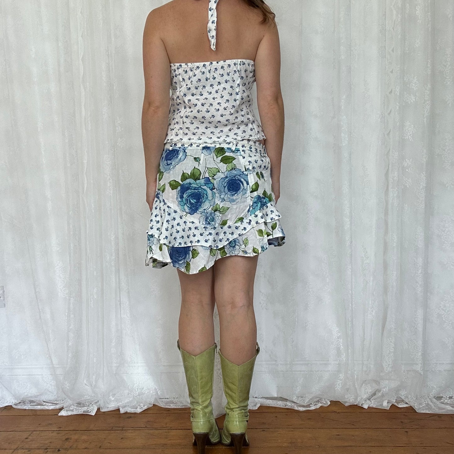 vintage 00s blue and white floral halter top and skirt co ord