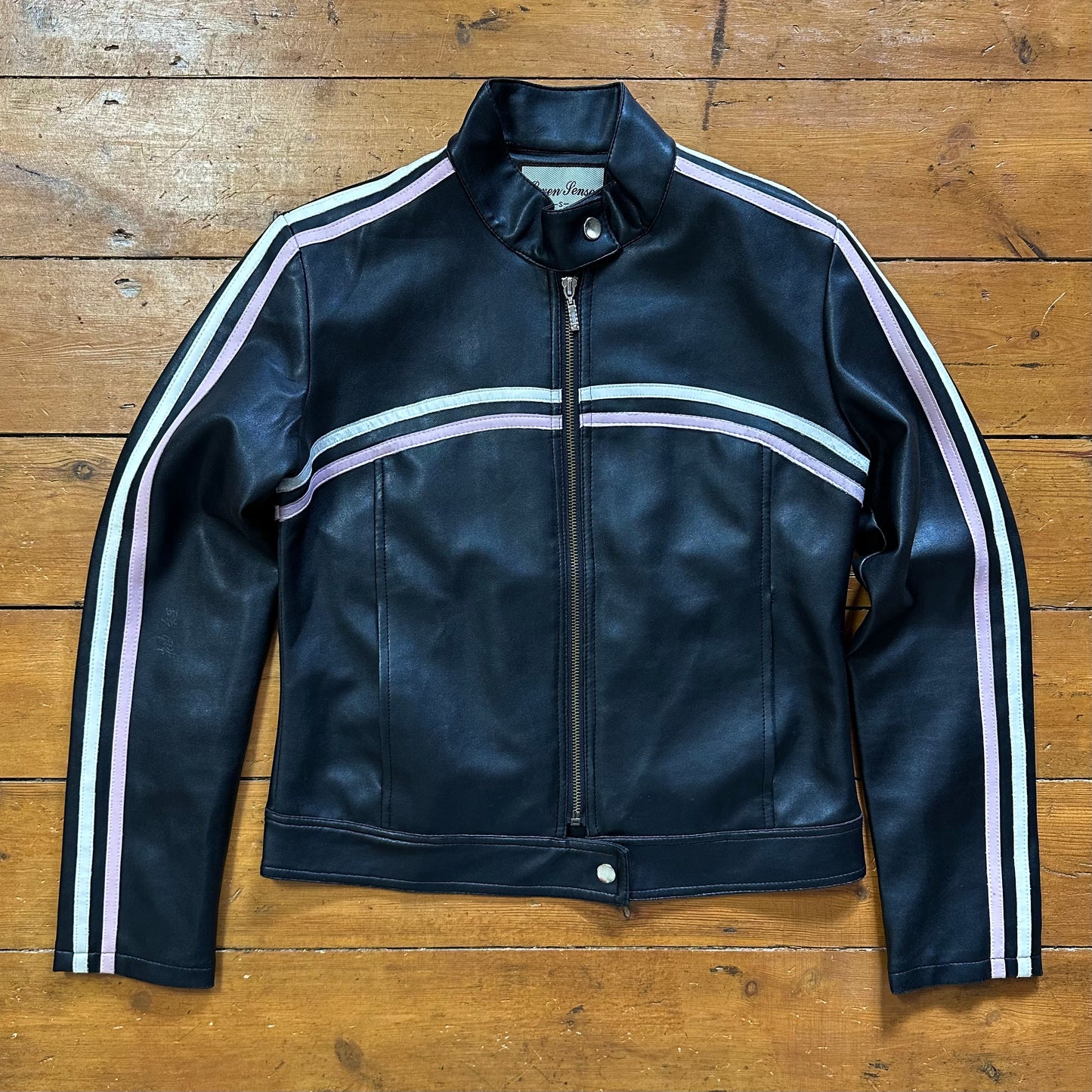vintage 00s black biker jacket with pink and white stripes