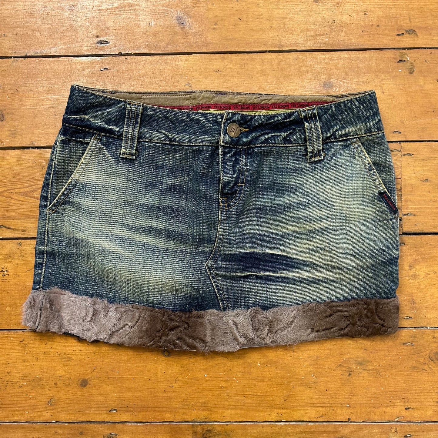 vintage 00s fur trim denim mini skirt