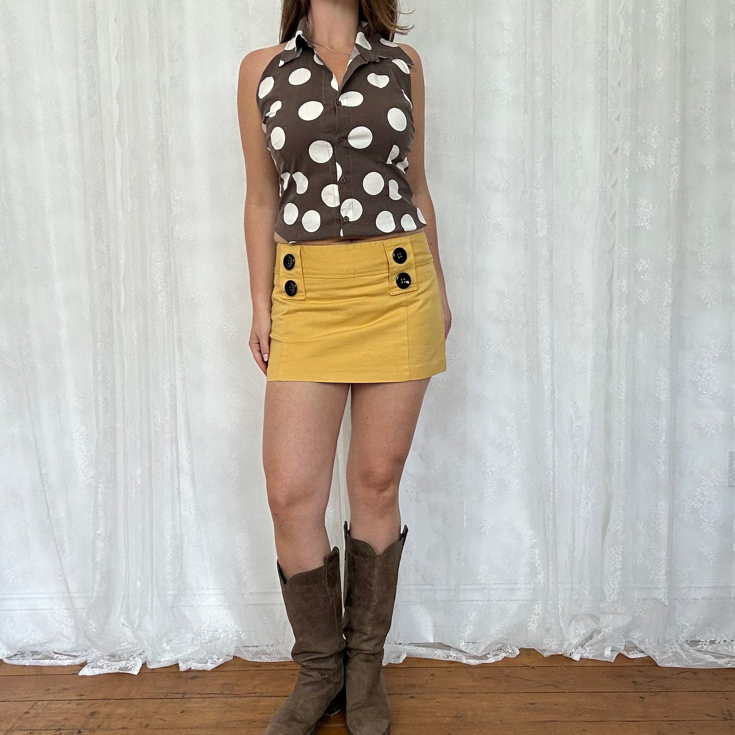 vintage 00s yellow mustard button mini skirt