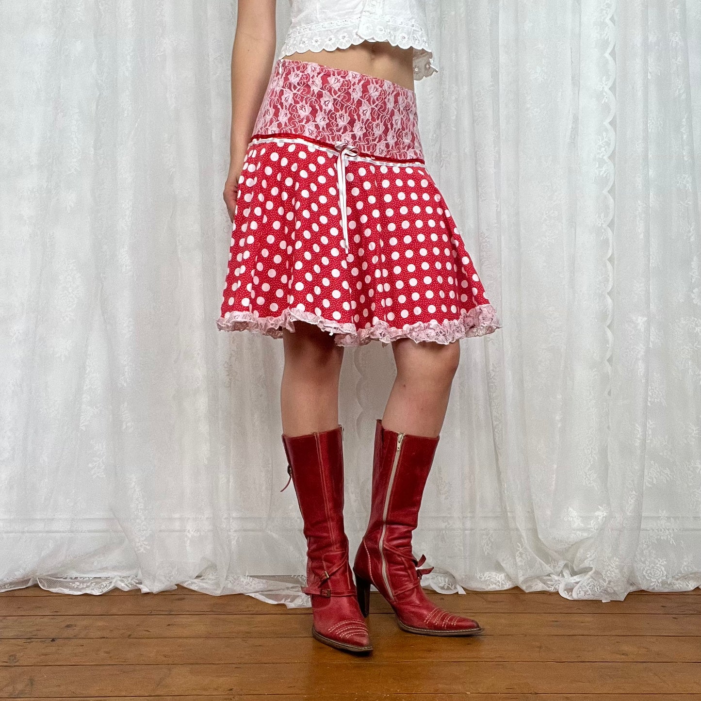 vintage 00s red and white polka dot midi skirt
