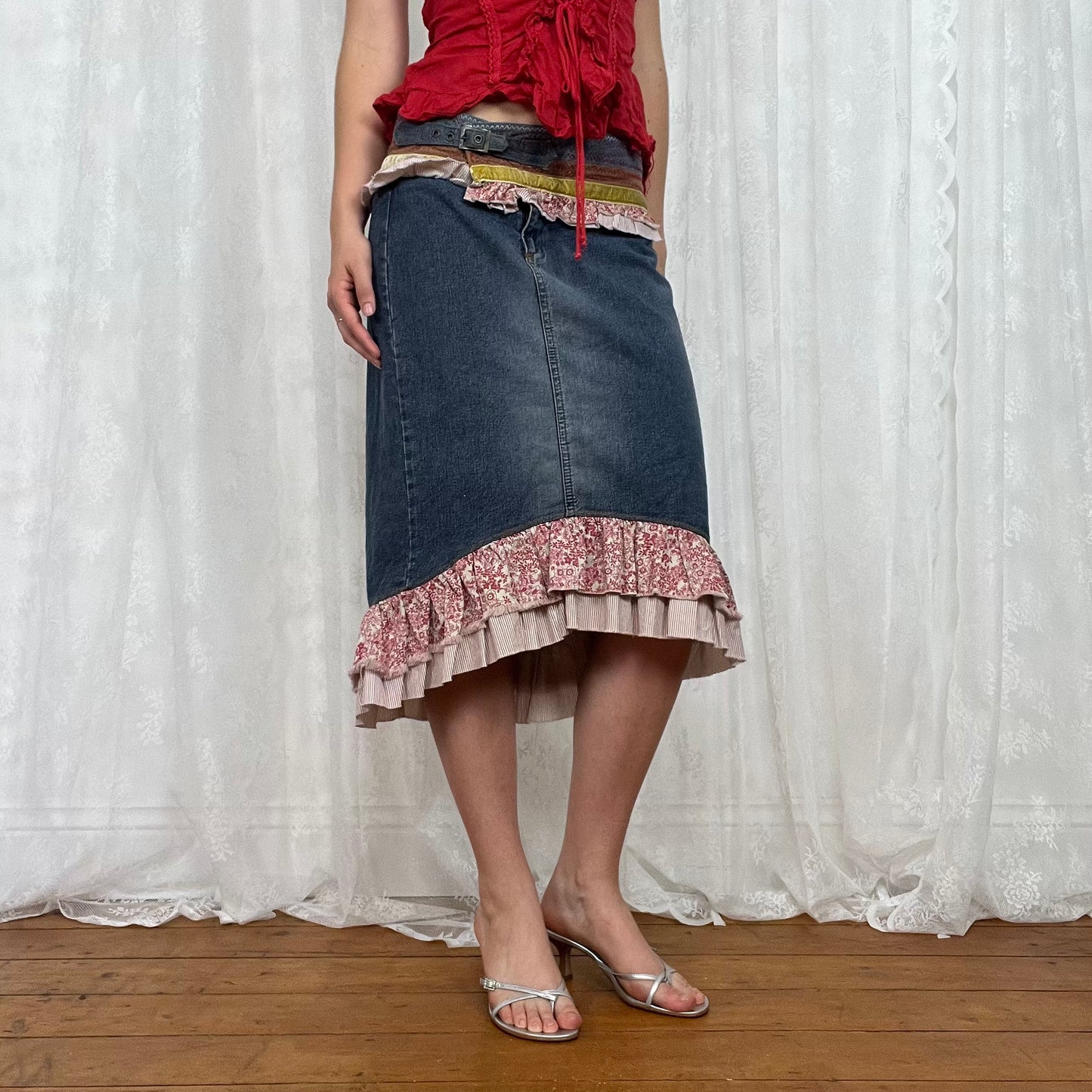 vintage 00s denim layered midi skirt