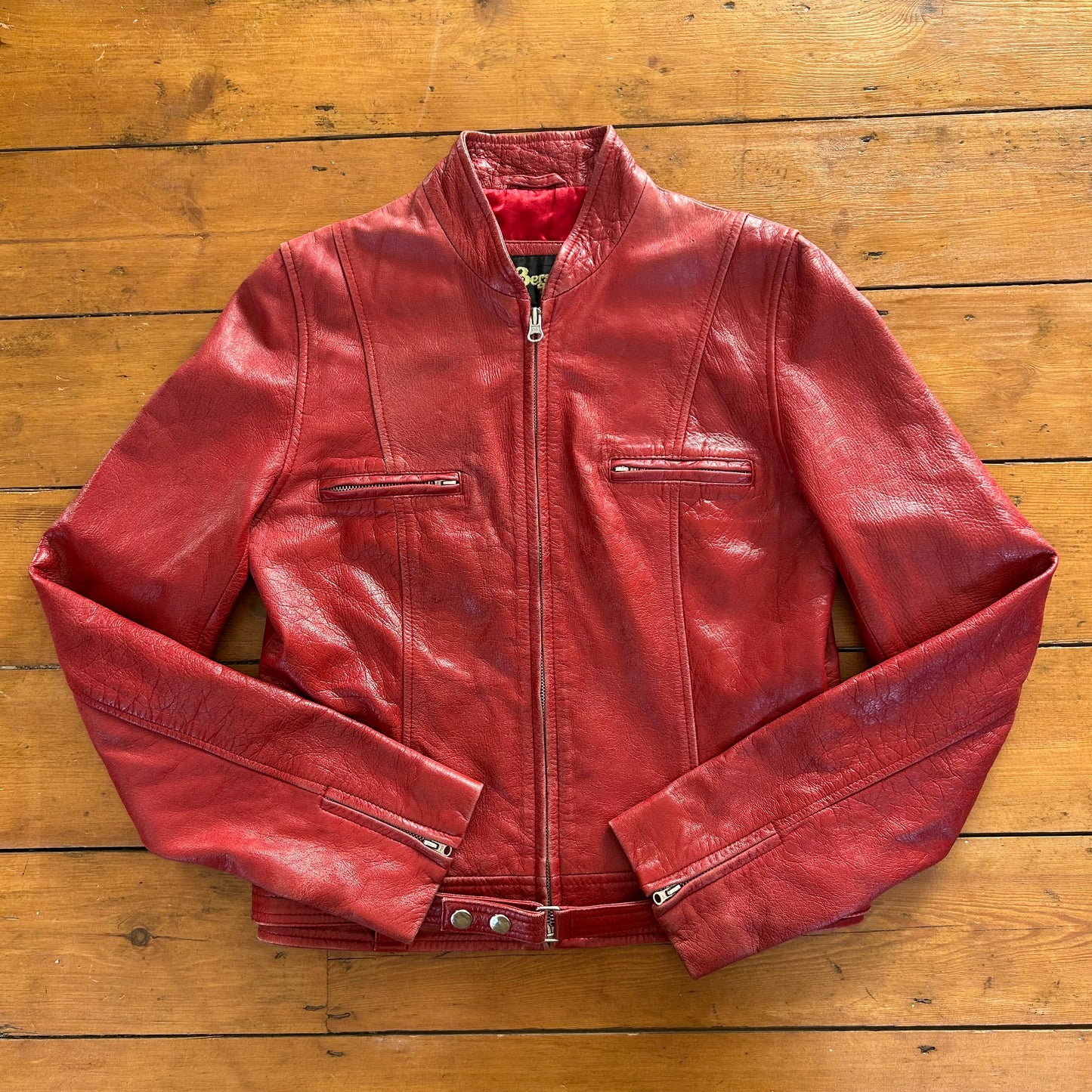 vintage 00s red leather zip up biker style jacket
