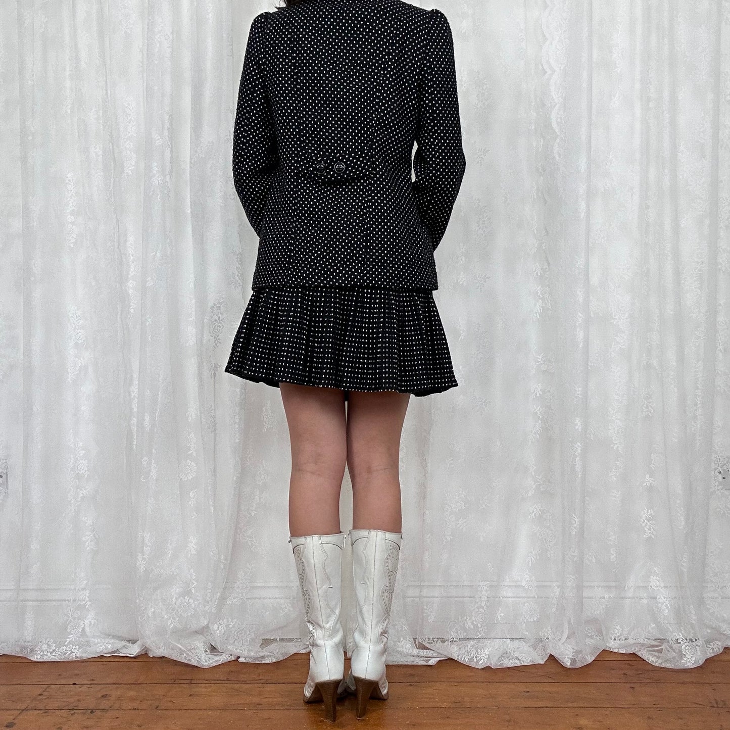 vintage 00s black and white polka dot trench coat and mini skirt co ord