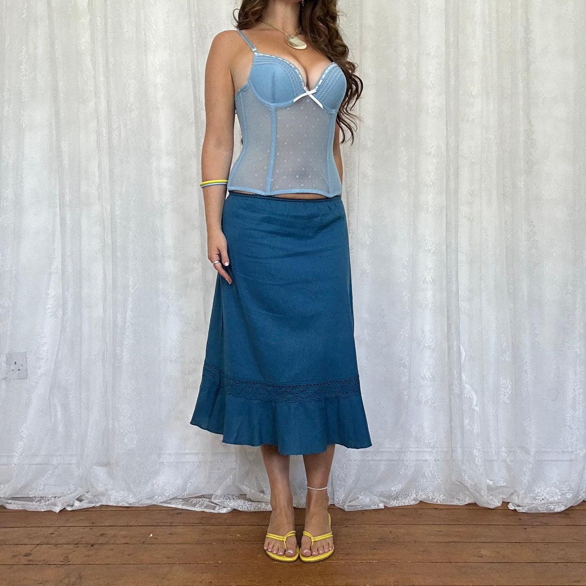 vintage 00s teal broderie trim midi skirt