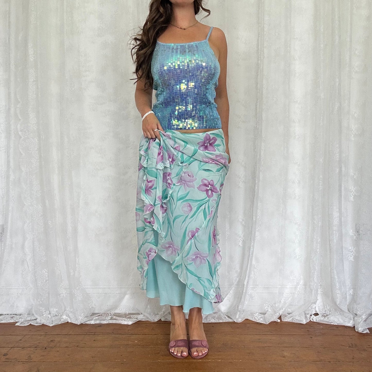 vintage 00s blue and purple floral midi skirt