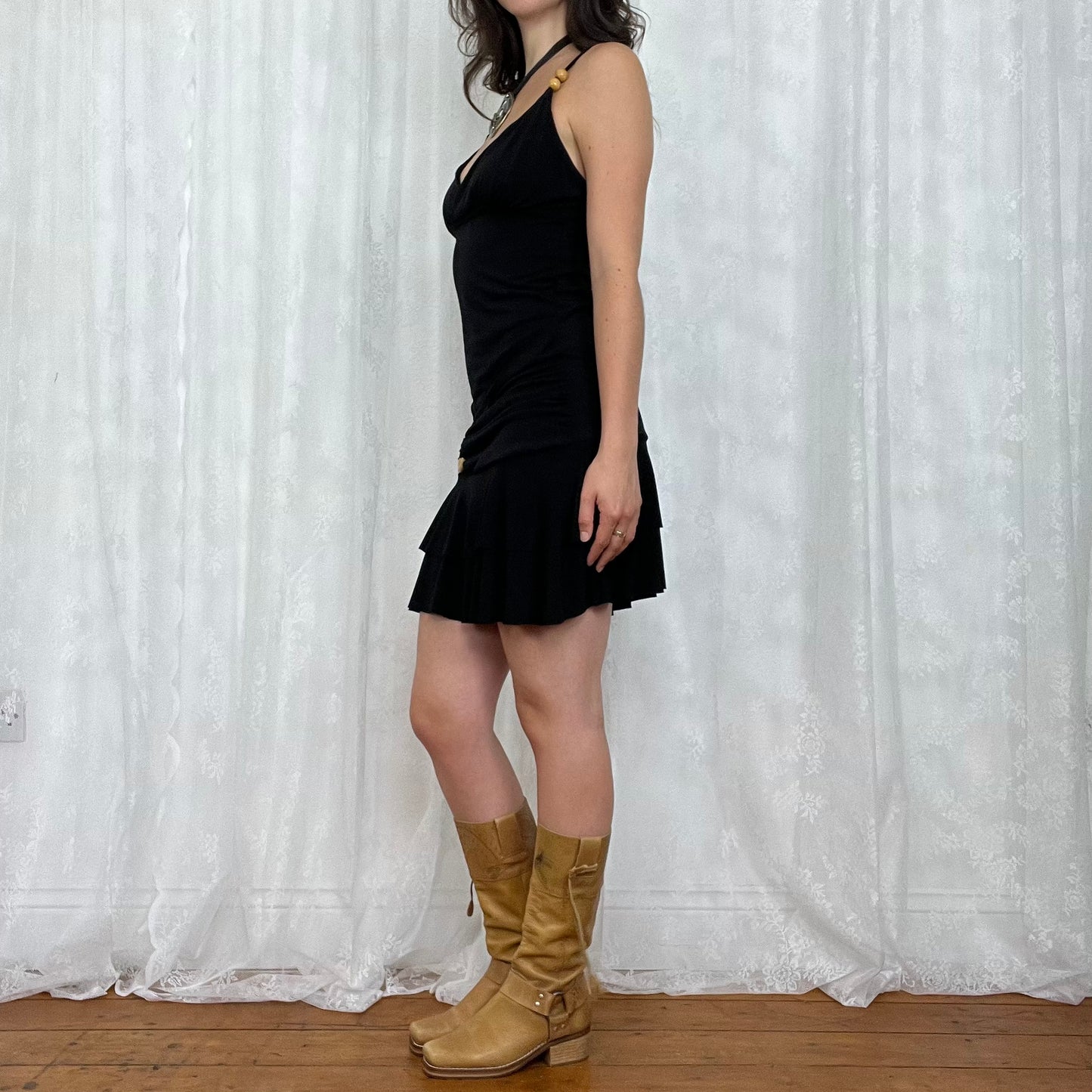 vintage 00s black o ring ruffle mini dress