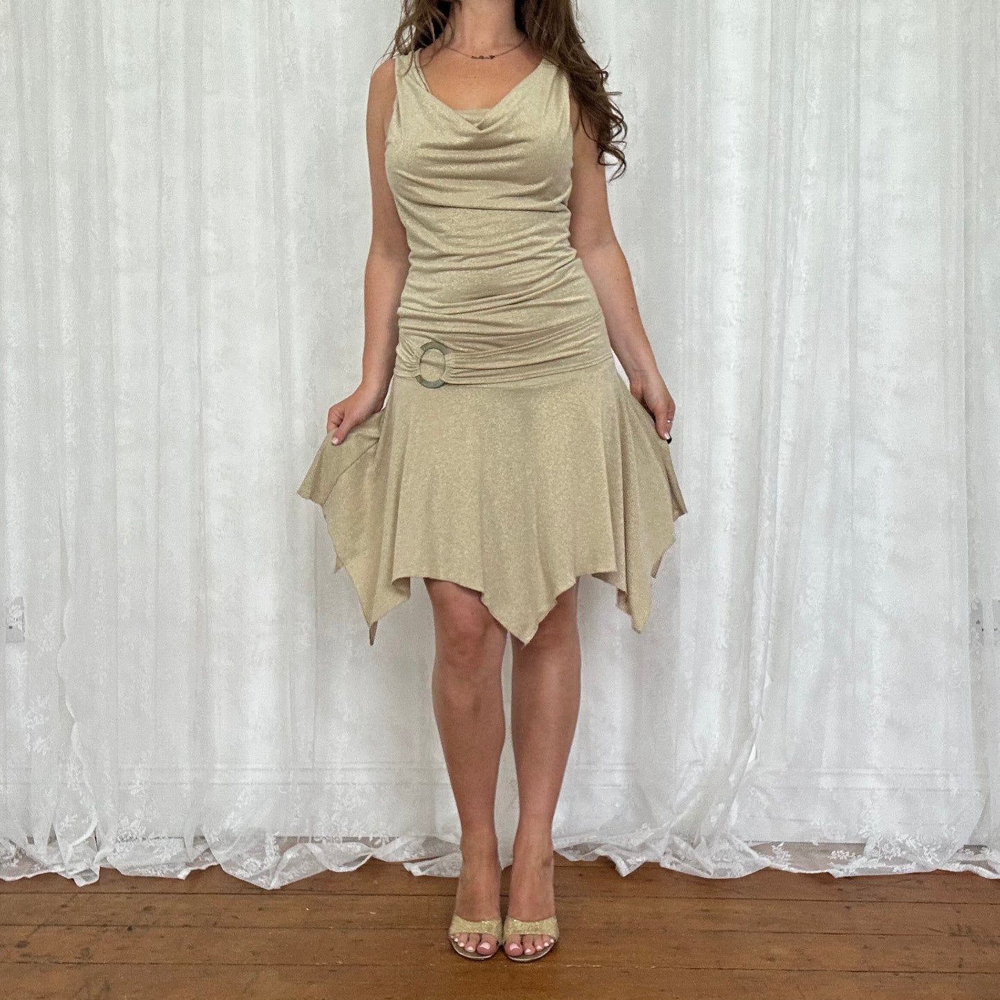 vintage 00s gold sparkly midi dress