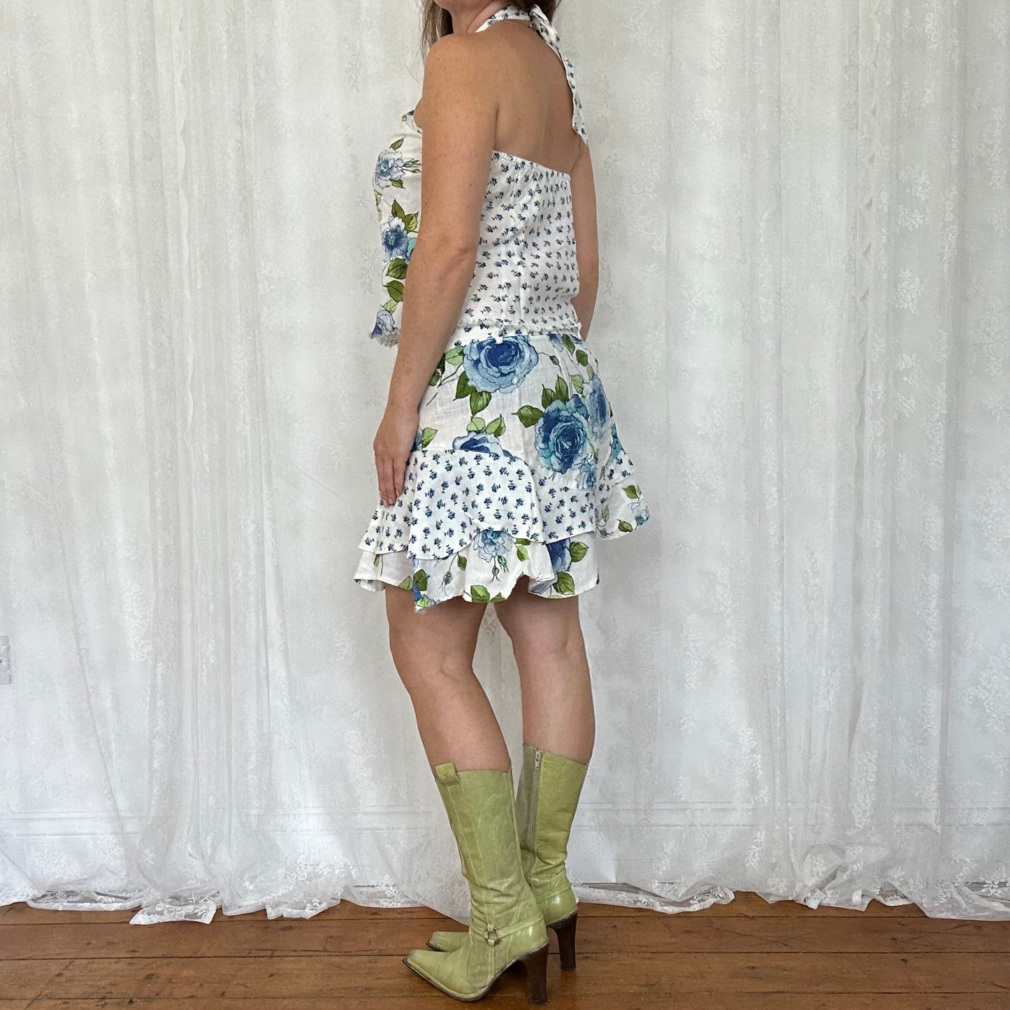 vintage 00s blue and white floral halter top and skirt co ord