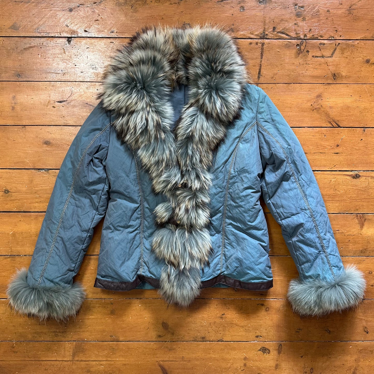 vintage 00s blue padded afghan jacket with faux fur trim and buckles