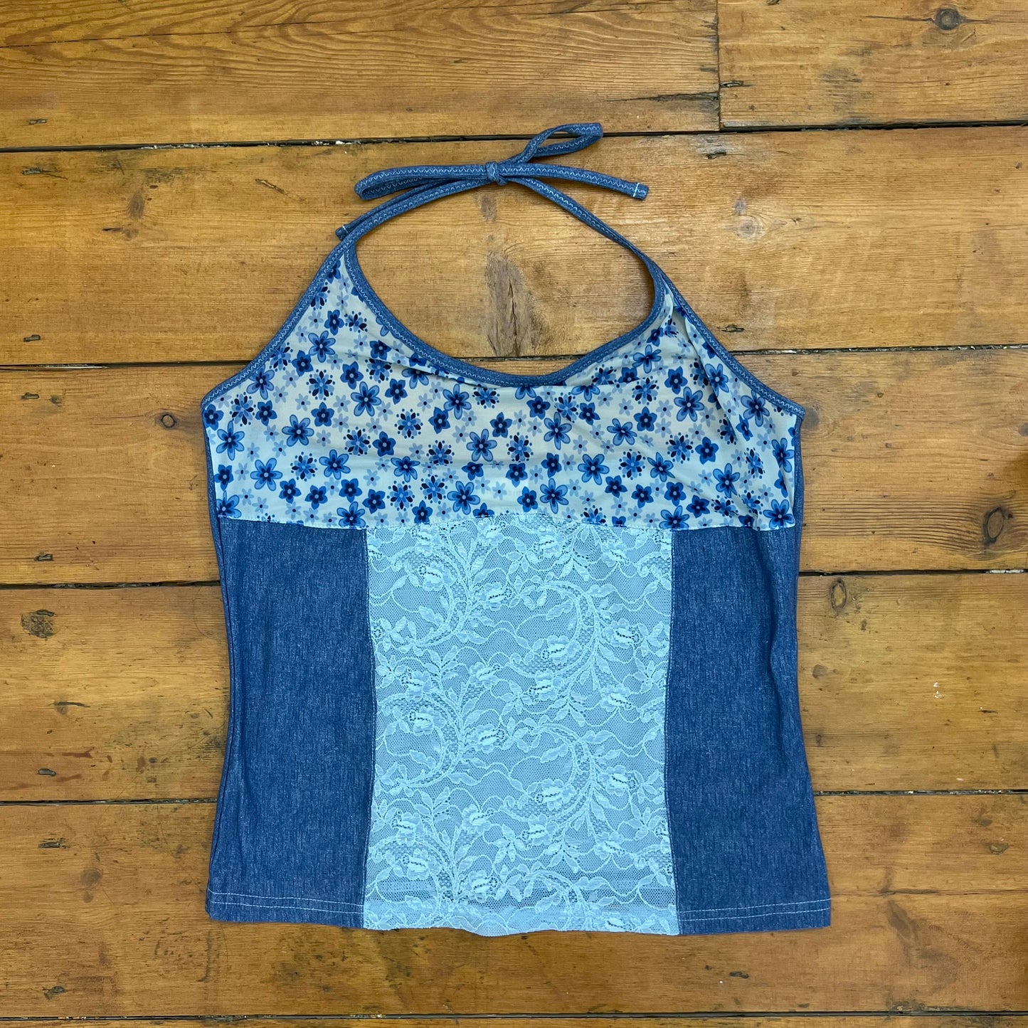 vintage 00s blue mesh intimissimi floral halter top