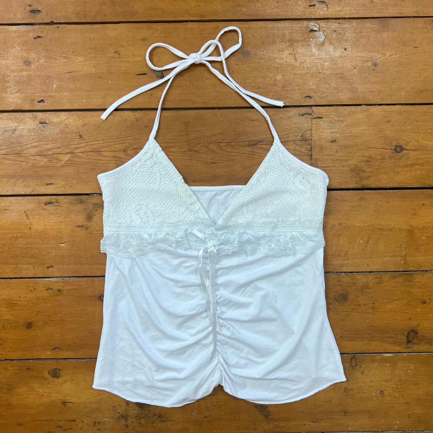 vintage 00s white lace trim halterneck cami