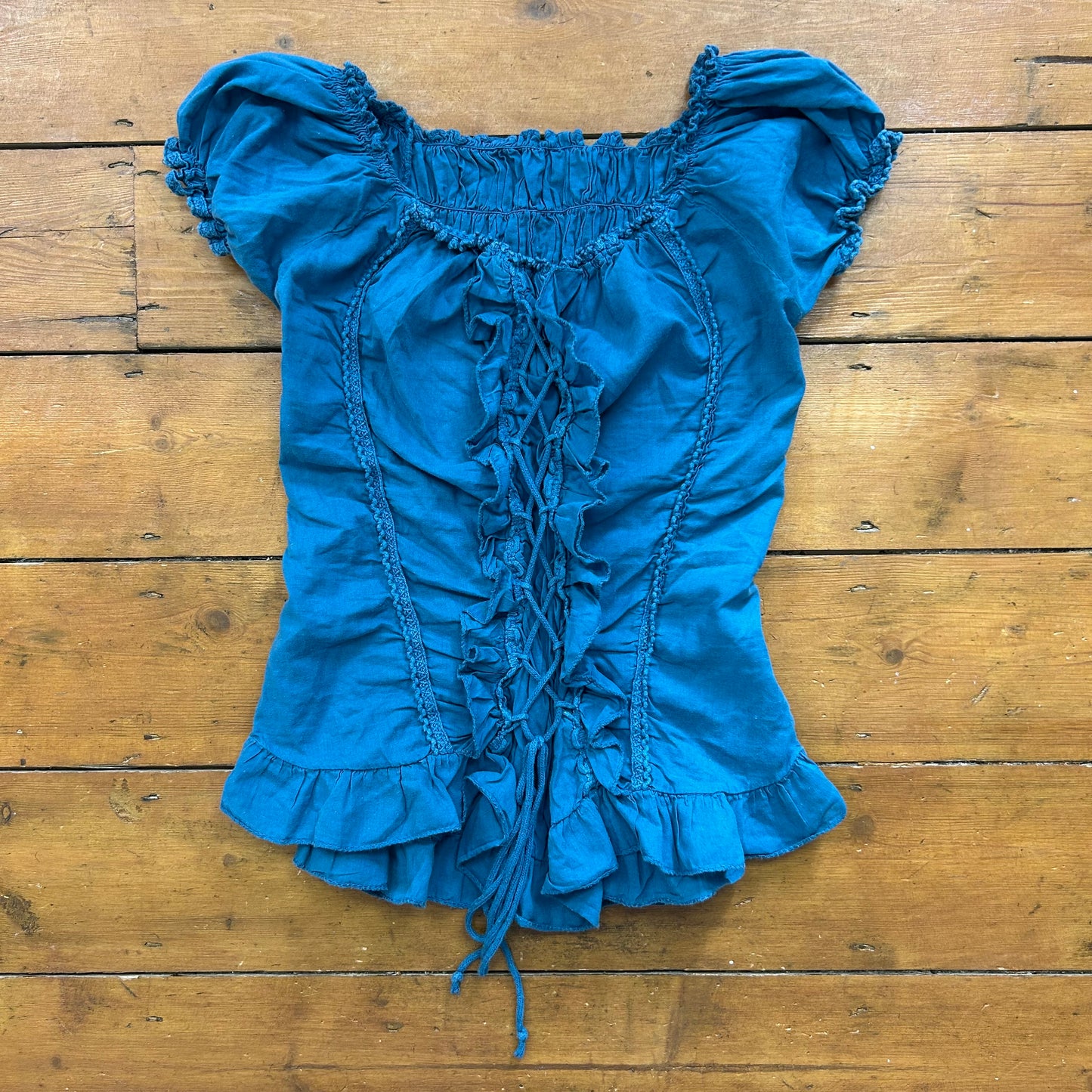 vintage 00s petrol blue tie up milkmaid top