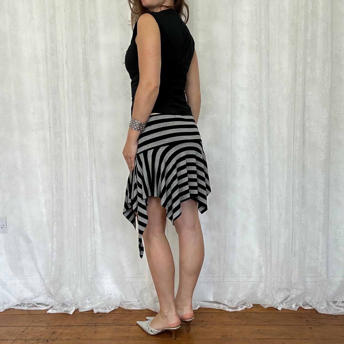 vintage 00s pimkie black and grey stripey asymmetrical mini skirt