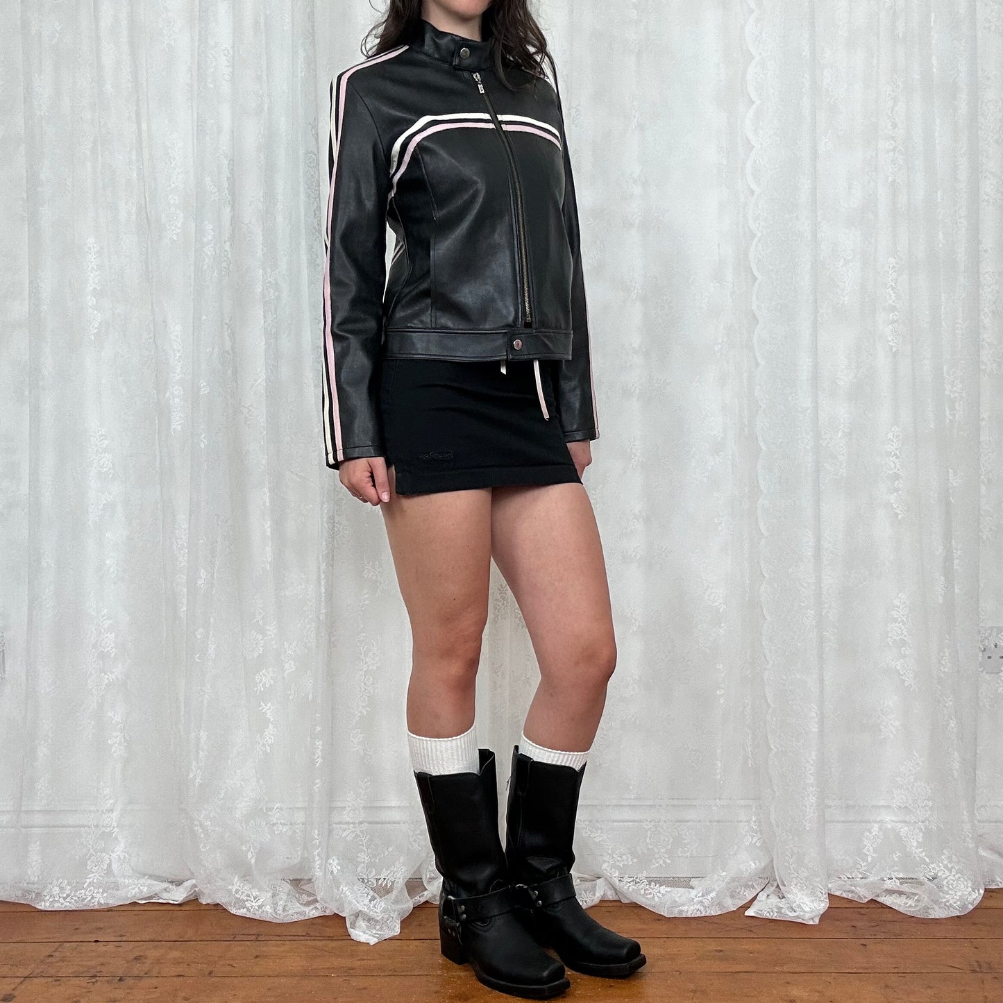 vintage 00s black biker jacket with pink and white stripes
