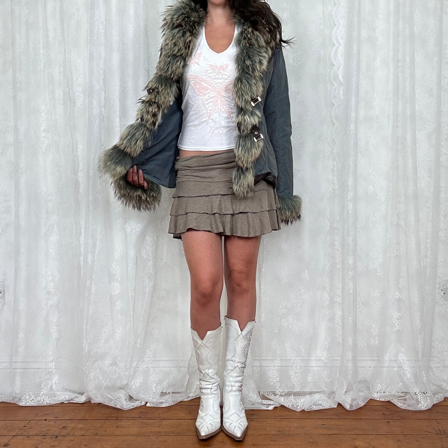 vintage 00s blue padded afghan jacket with faux fur trim and buckles