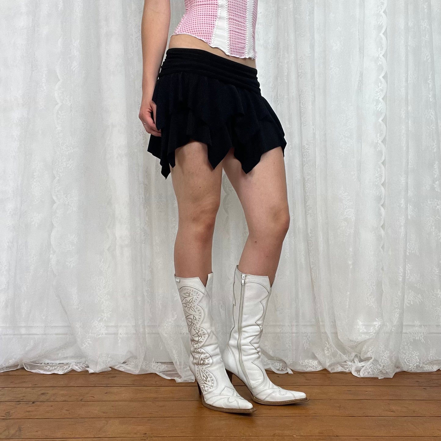vintage 00s black glitter ruffle mini skirt