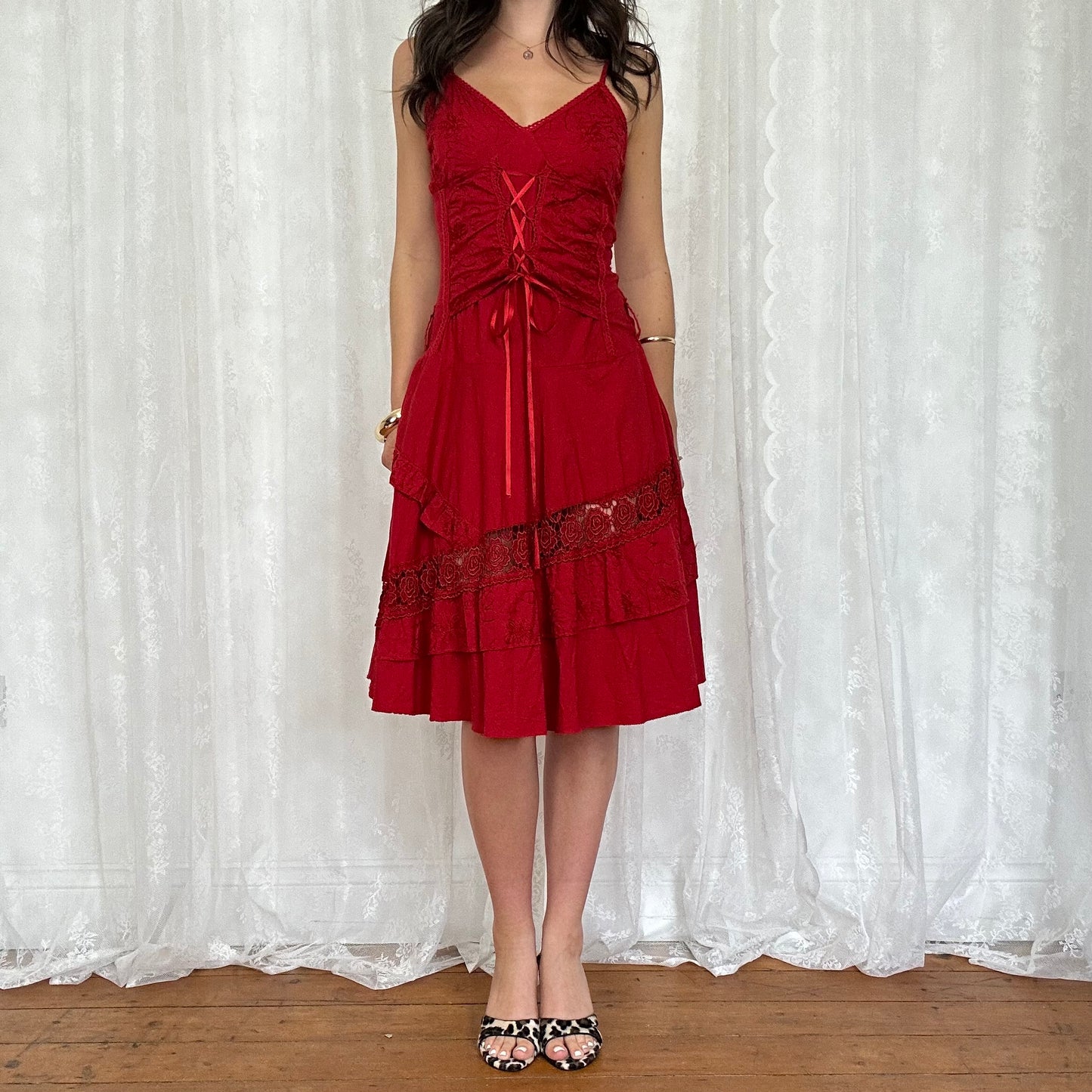 vintage 00s red corset tie up summer dress