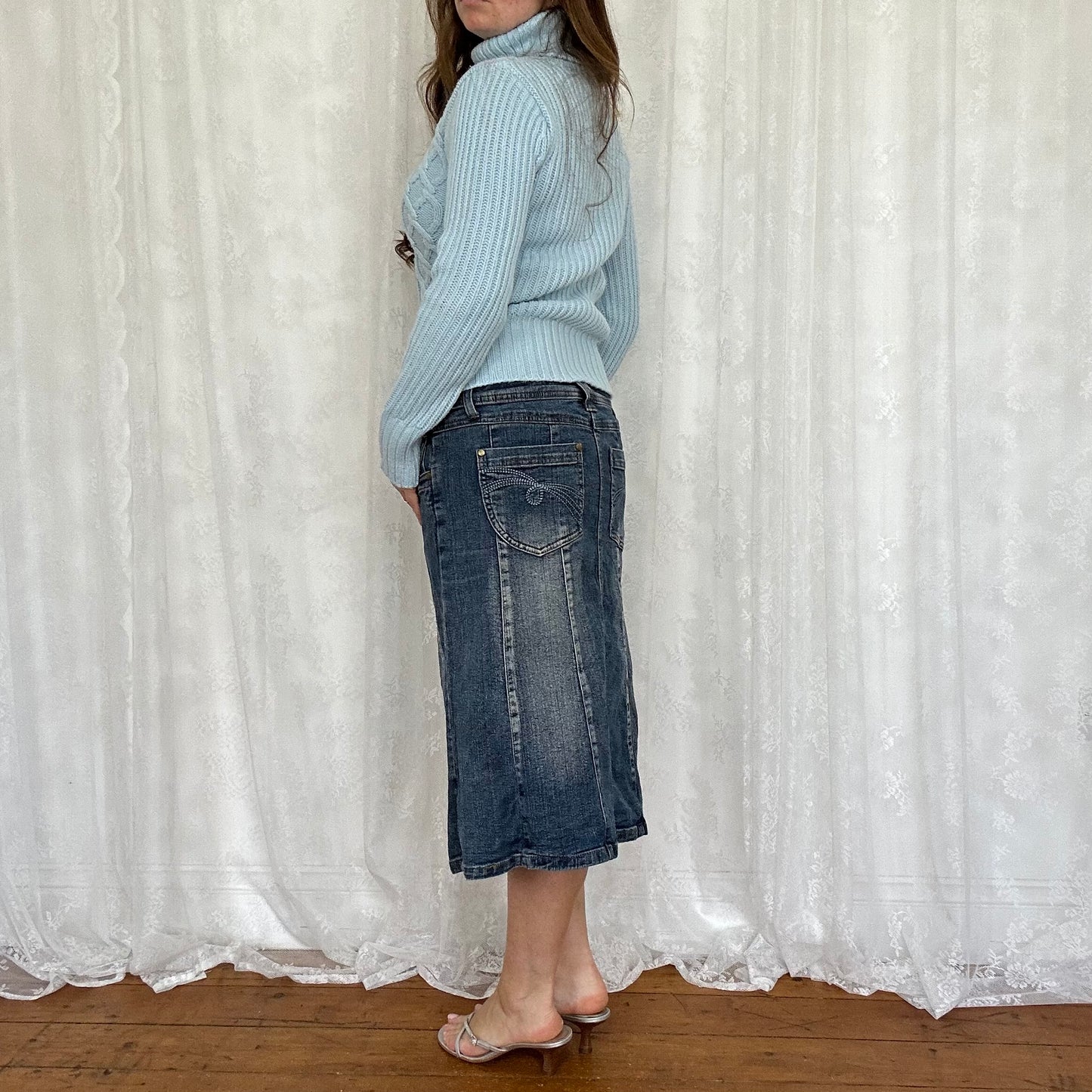 vintage 00s mid wash denim midi skirt