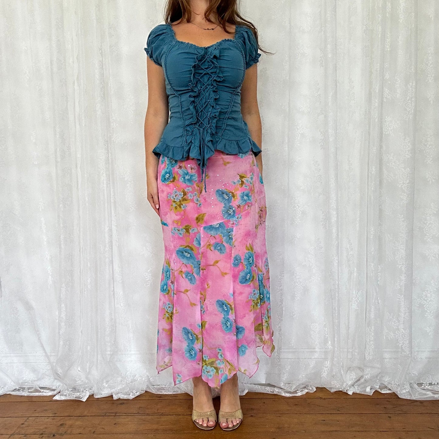 vintage 00s petrol blue tie up milkmaid top