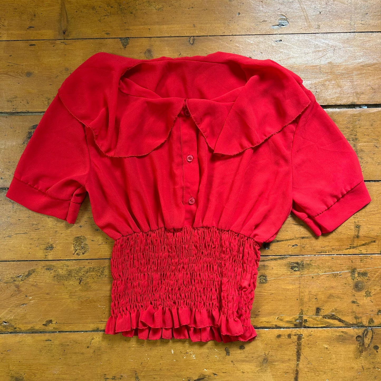 vintage 00s red sheer shirred short sleeve shirt