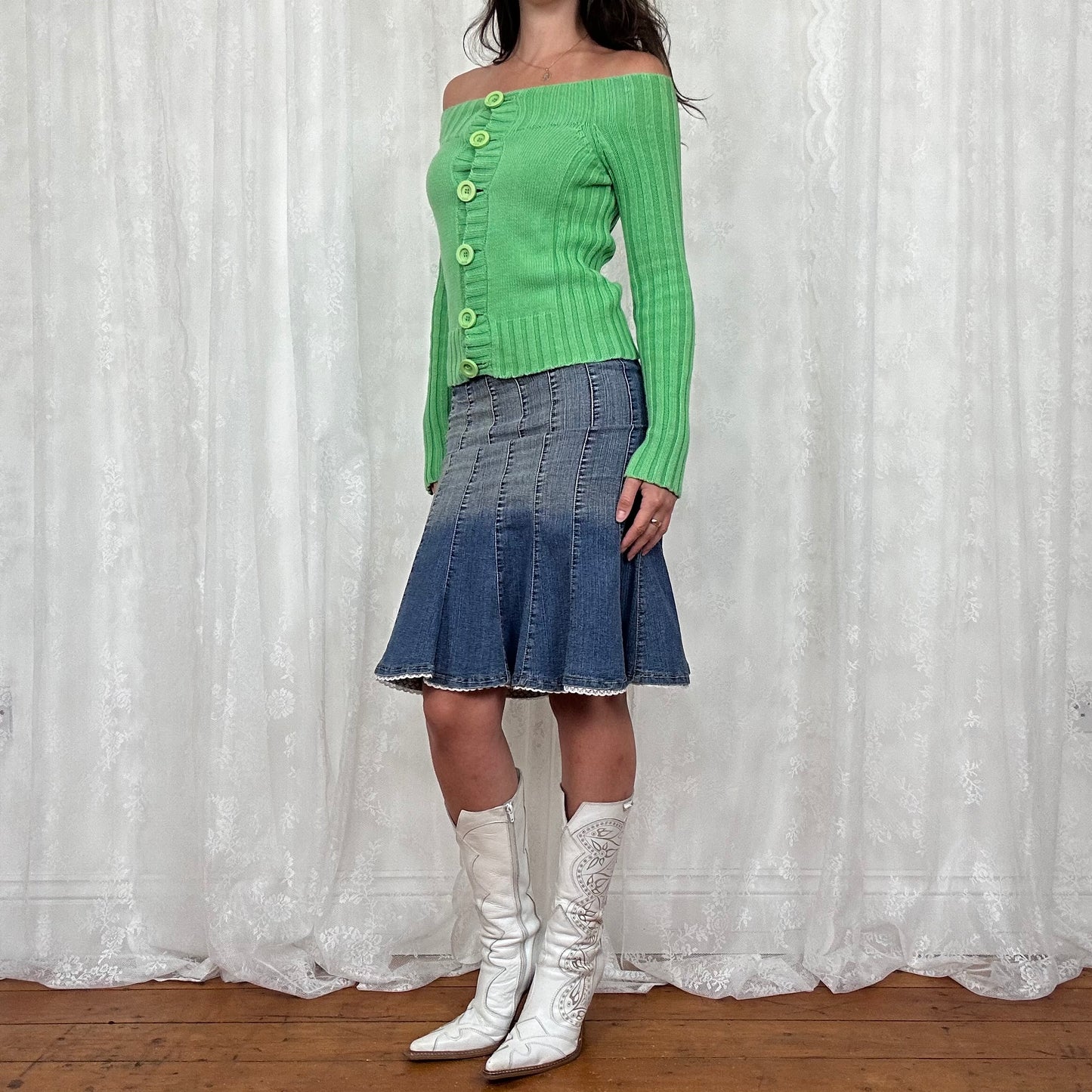 vintage 00s bright green button up off shoulder jumper