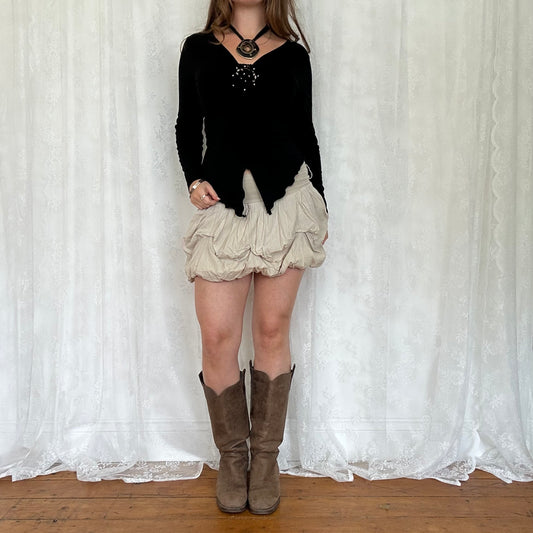 vintage 00s black long sleeve top with crochet flower detail