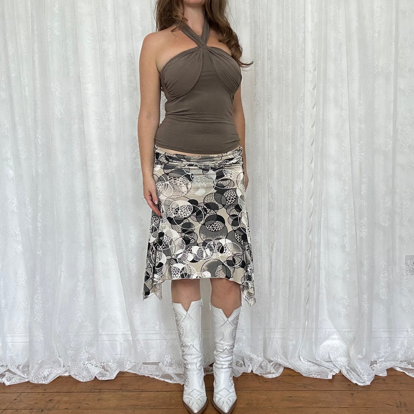 vintage 00s black and beige patterned midi skirt