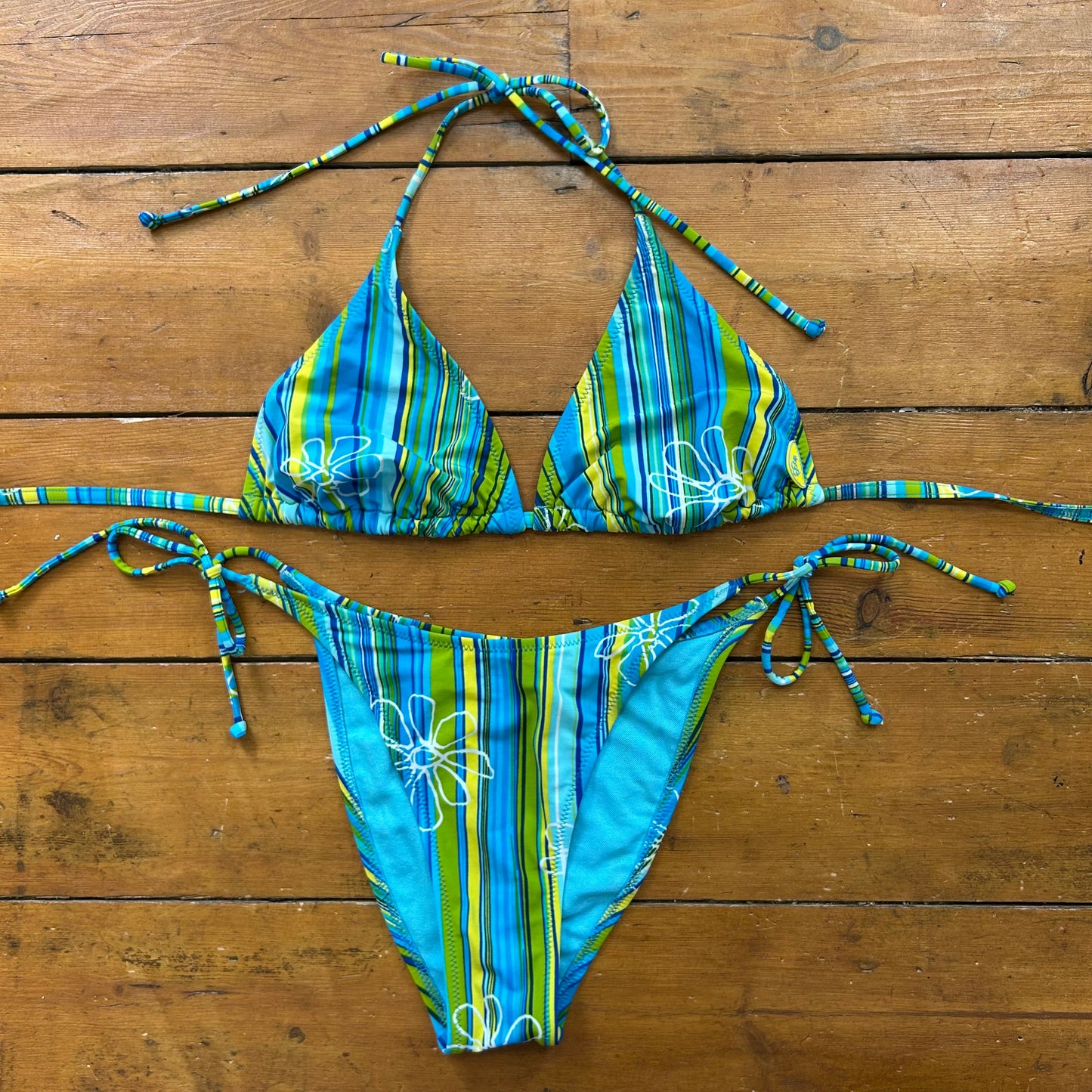 vintage 00s blue stripey floral bikini set