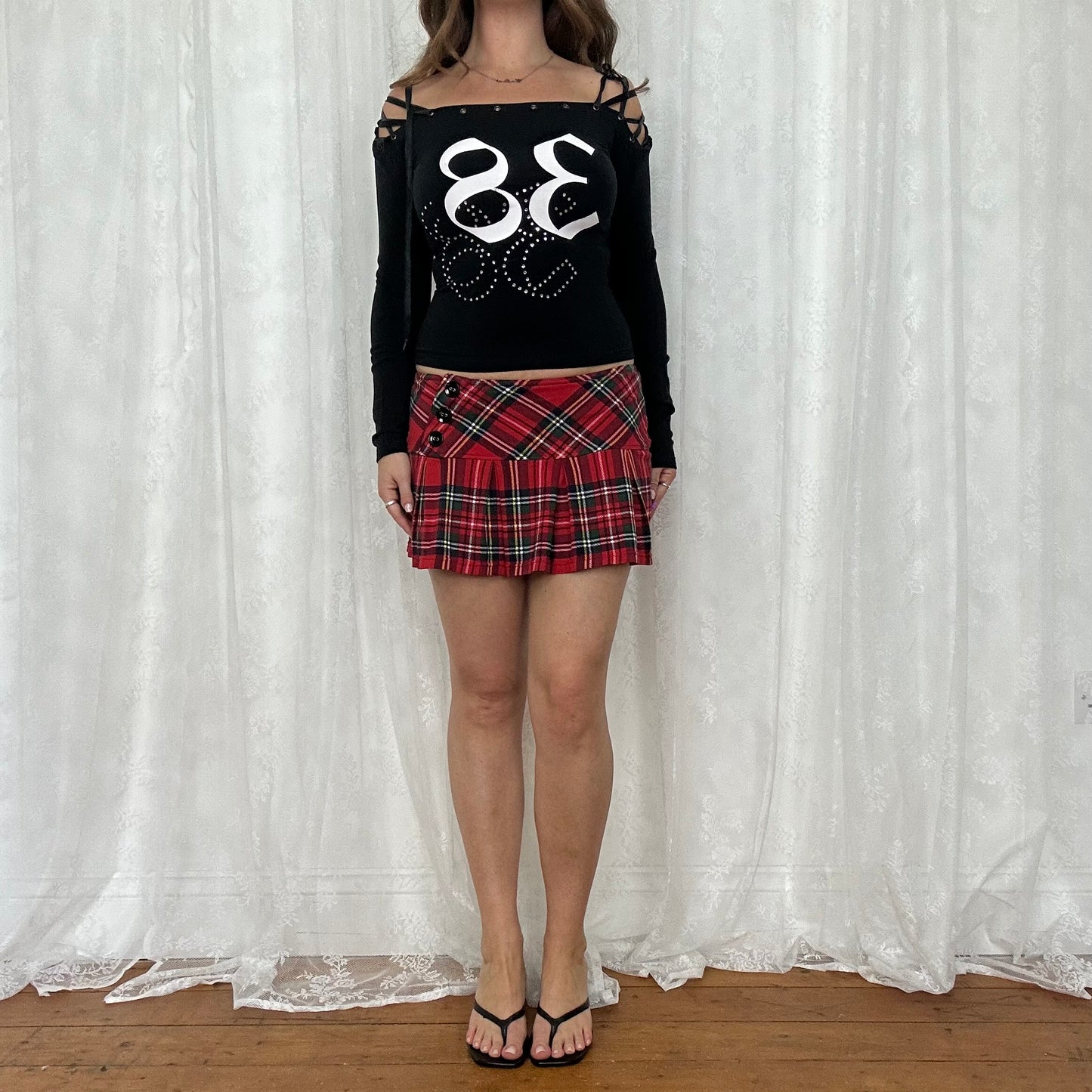 vintage 00s black off shoudler eyelet '38' long sleeve top