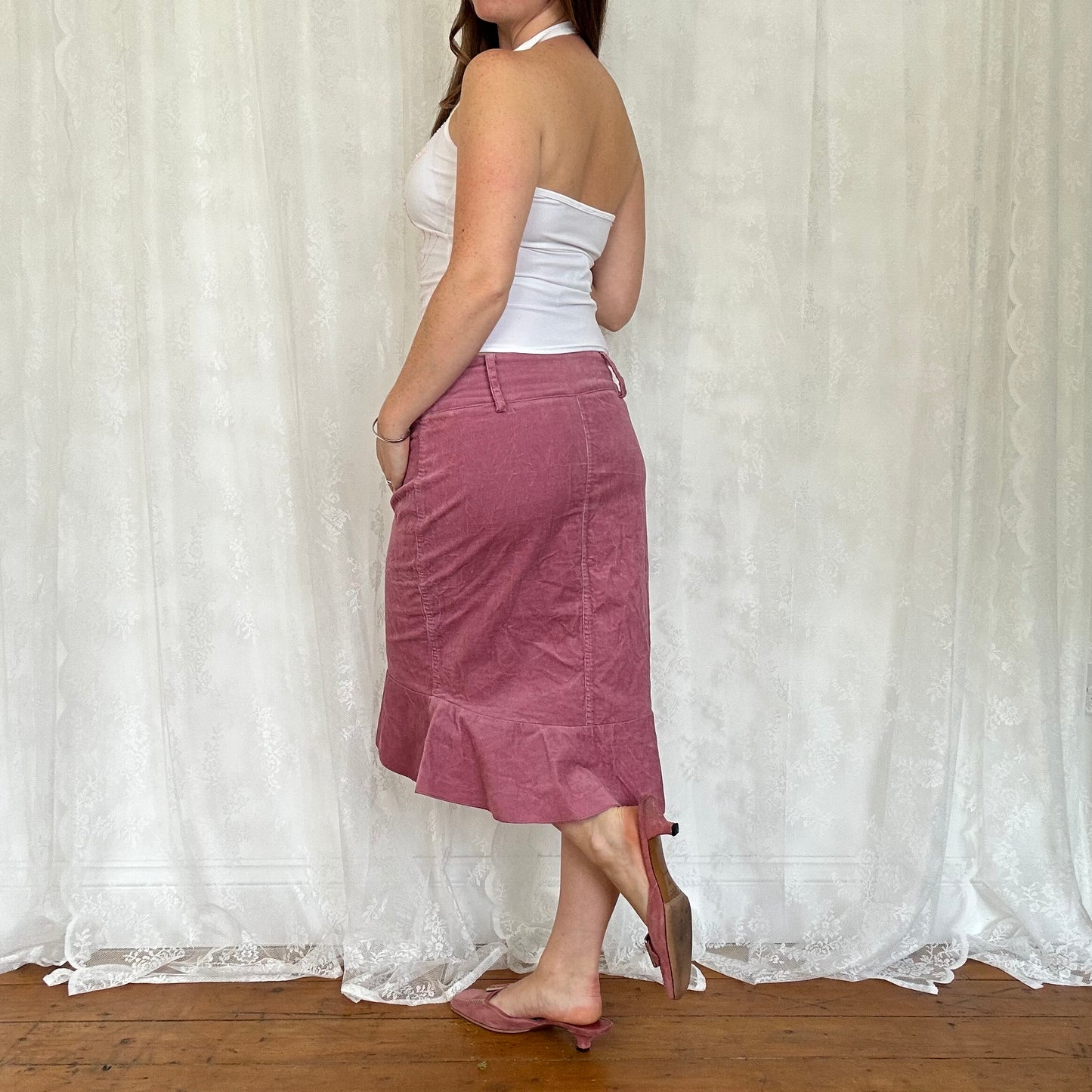 vintage 00s pink cord flower detail midi skirt