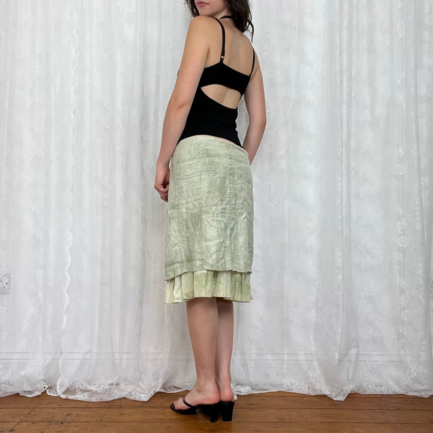 vintage 00s black lacy cami with tie up ruffle detail
