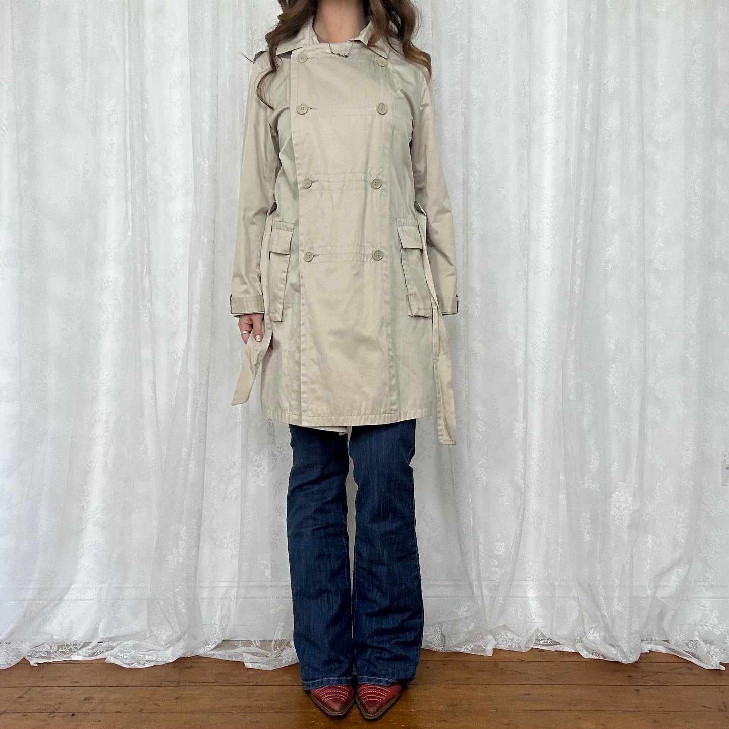 vintage 00s beige button up trench coat
