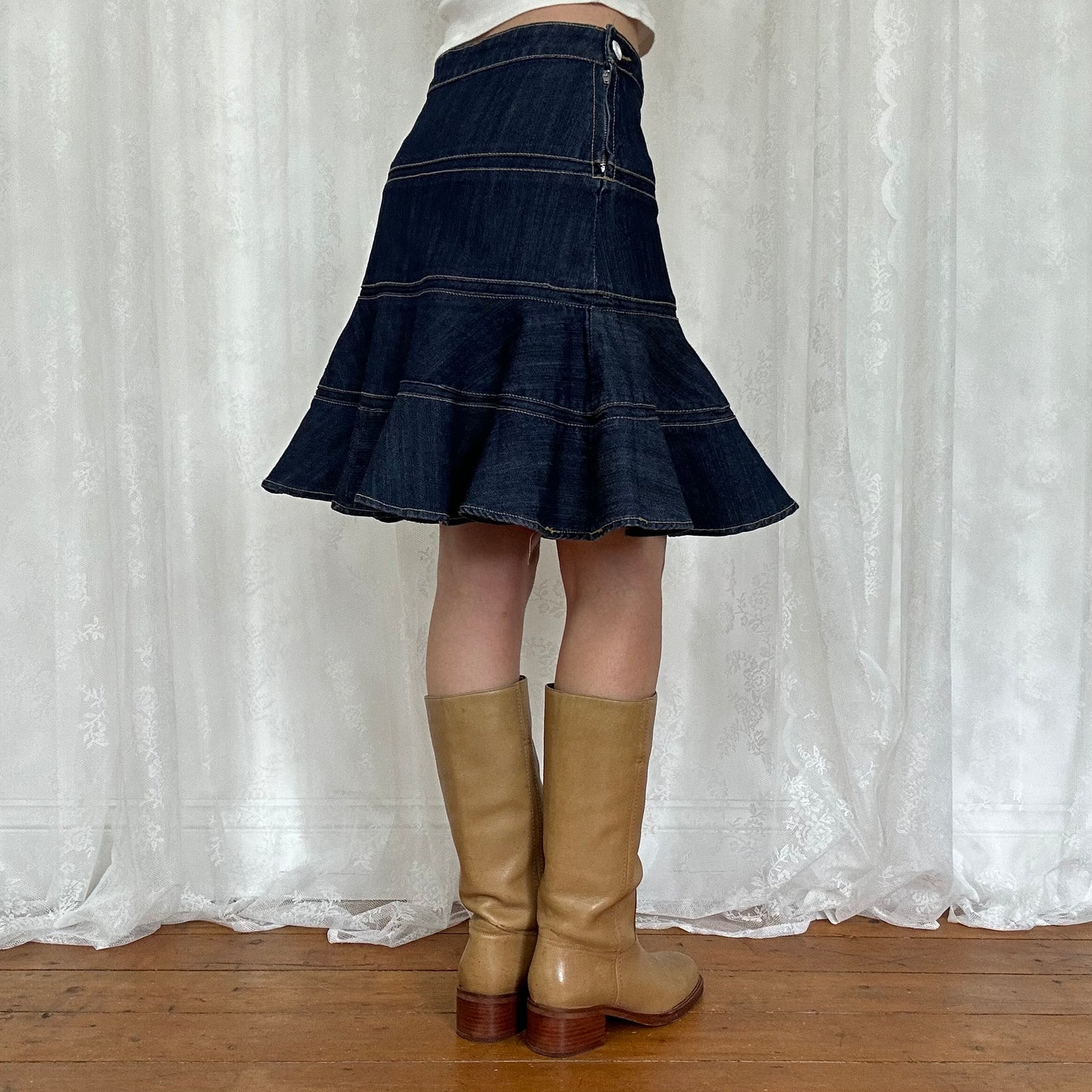 vintage 00s dark denim tiered midi skirt