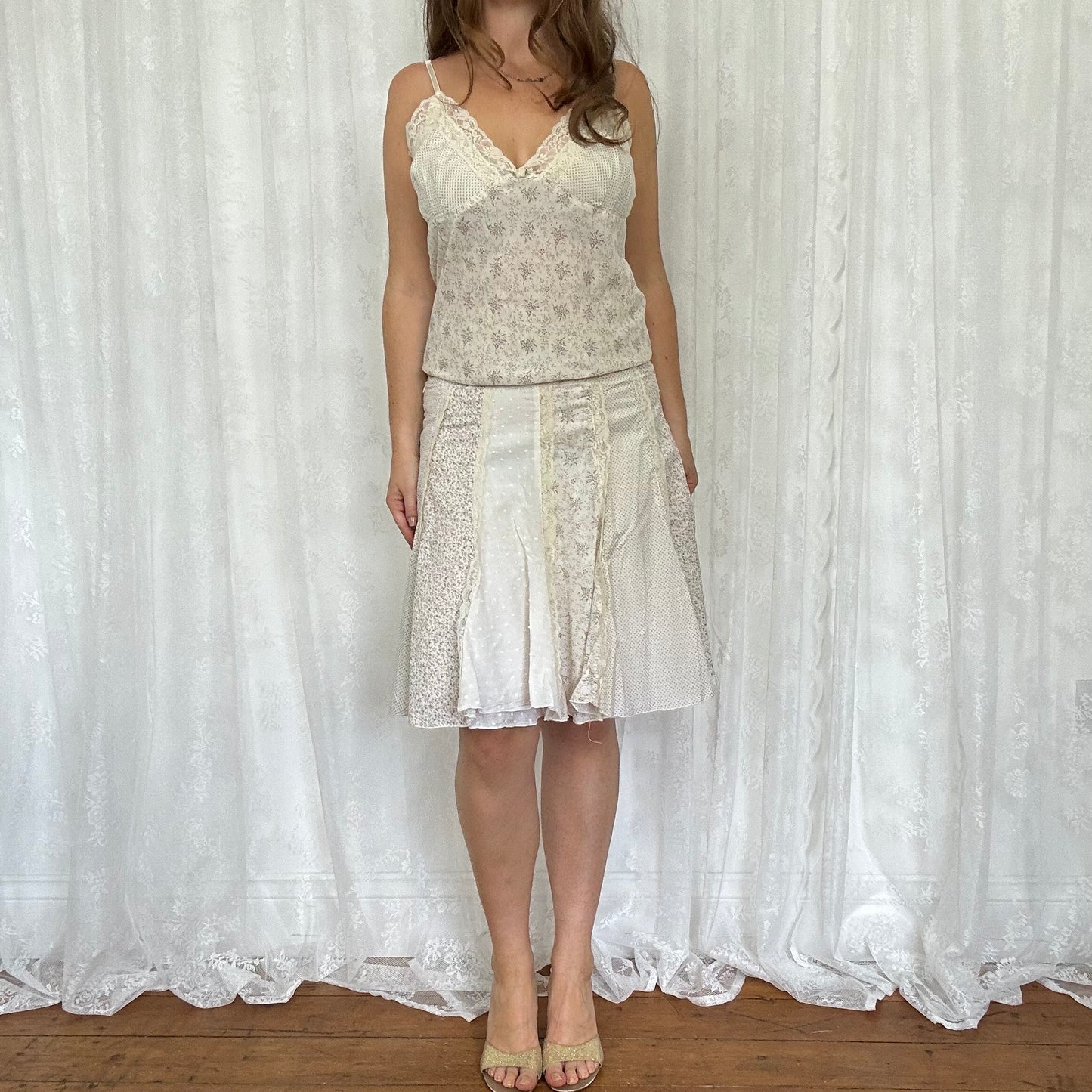 vintage 00s cream lace floral cami and skirt co ord