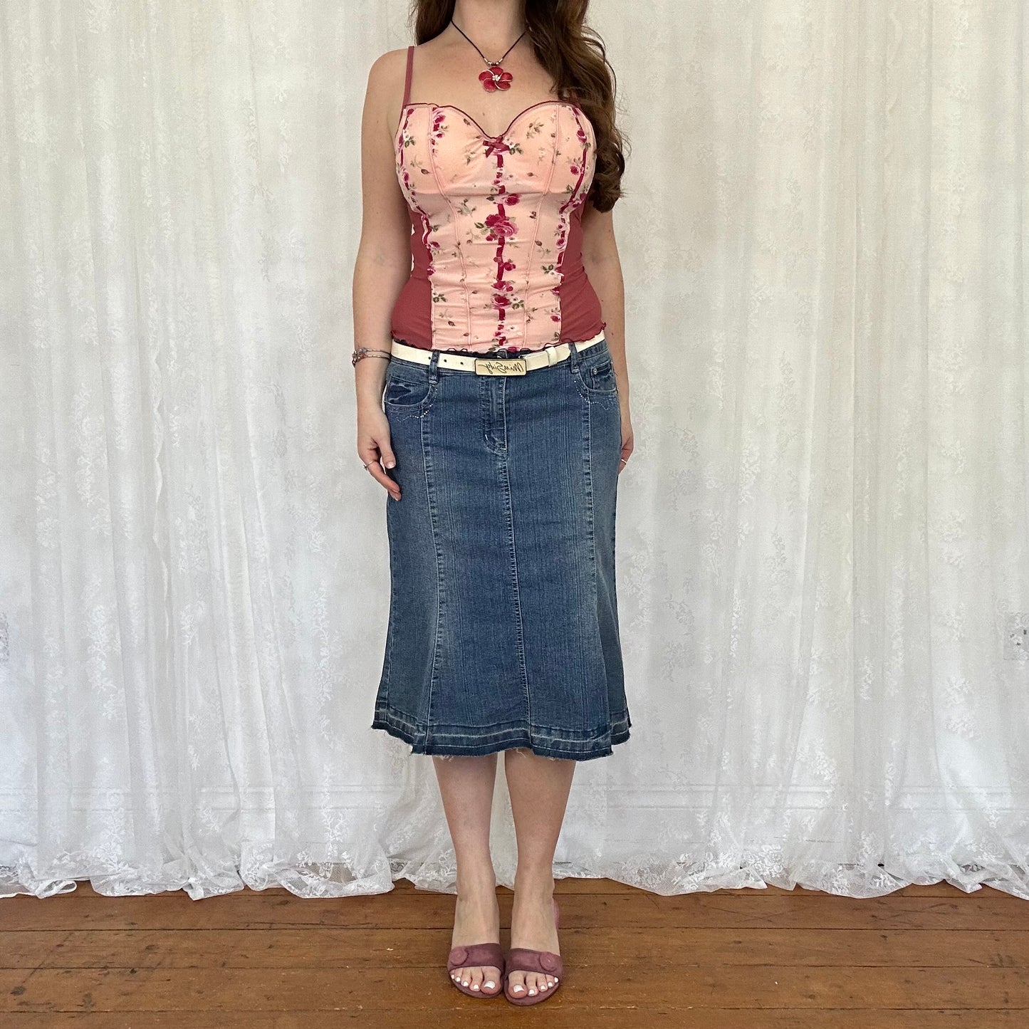 vintage 00s rhinestone detail denim midi skirt