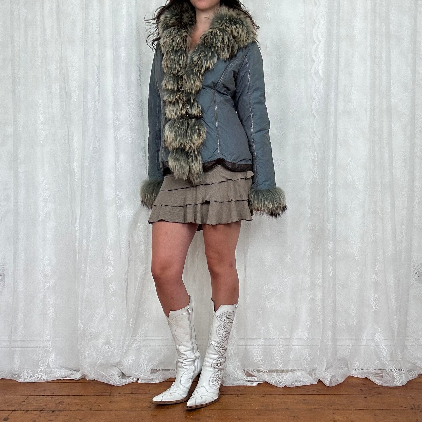 vintage 00s blue padded afghan jacket with faux fur trim and buckles