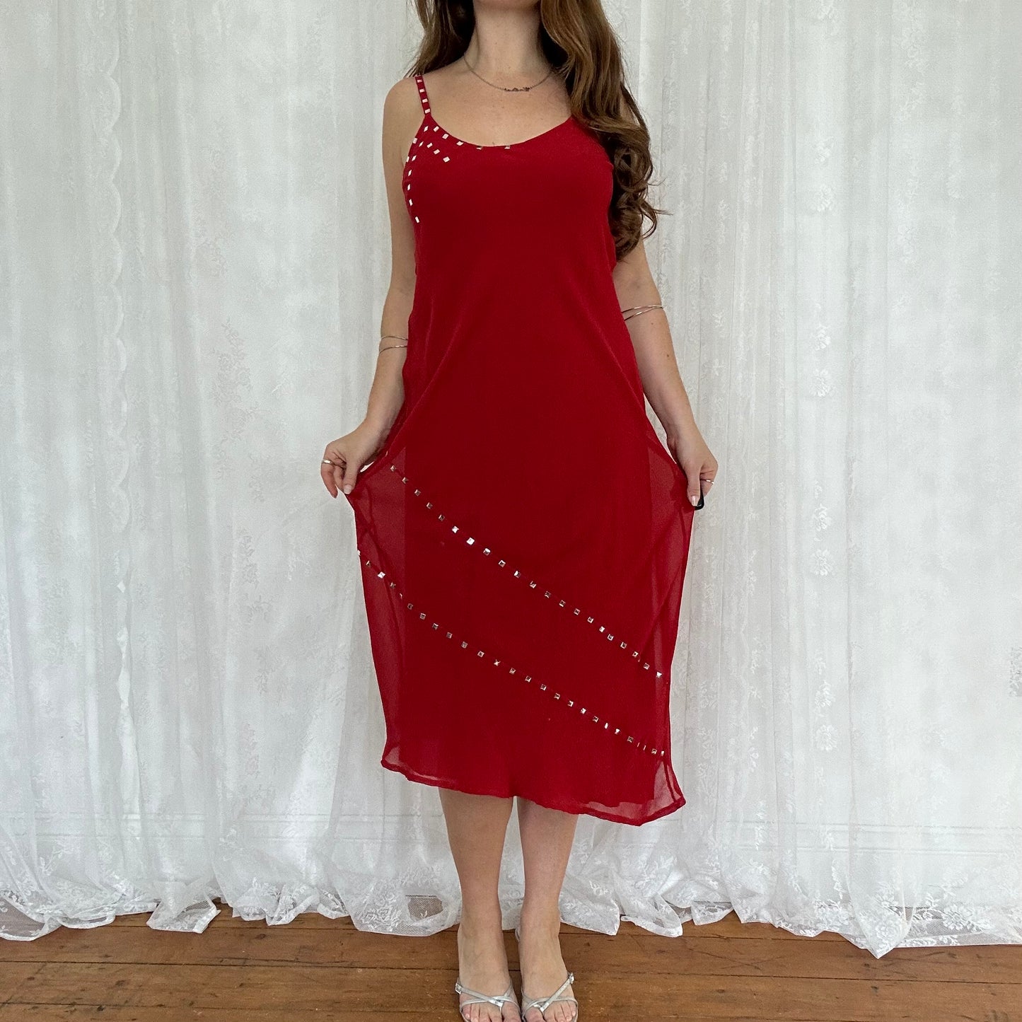 vintage 00s red stud detail midi dress