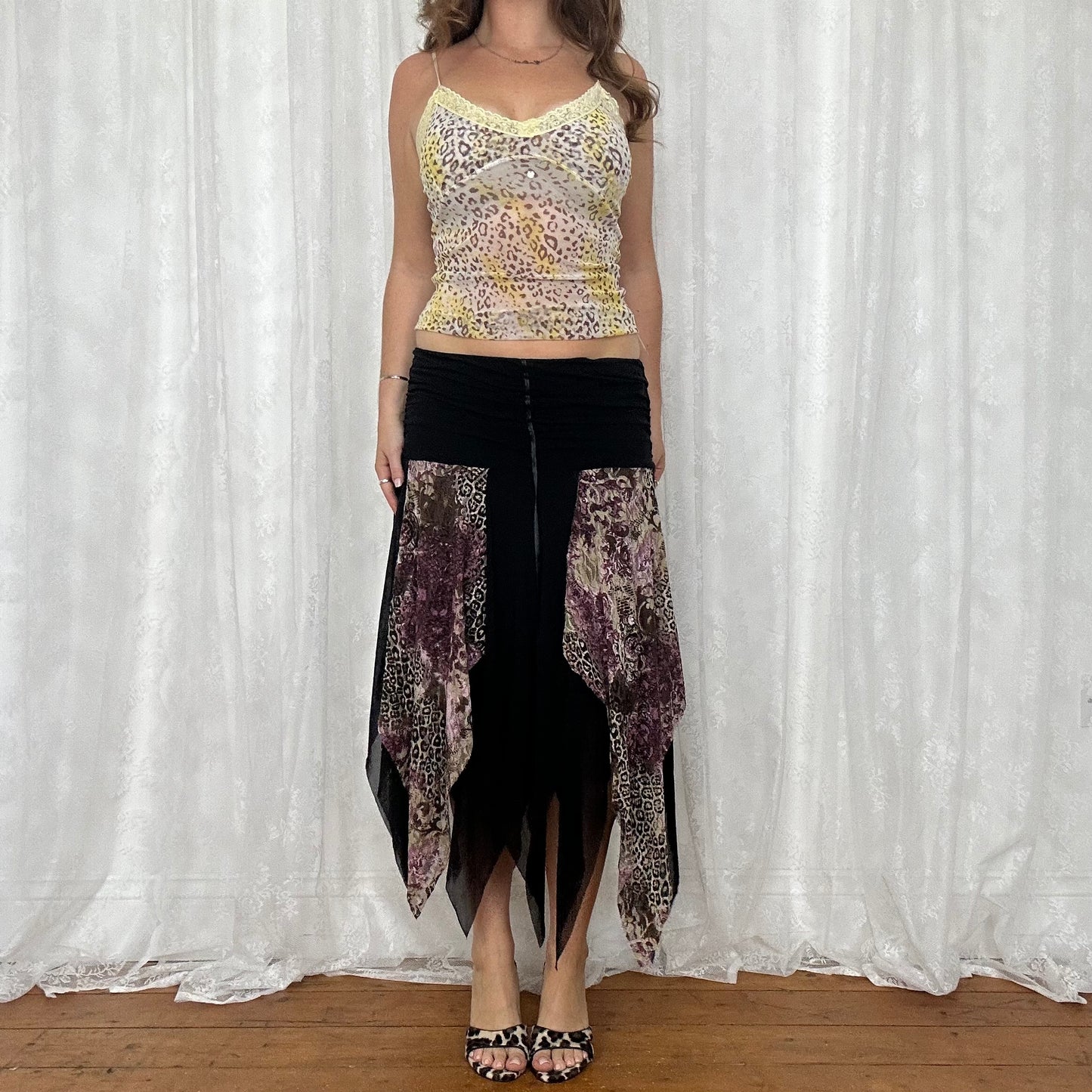 vintage 00s yellow leopard print mesh cami top