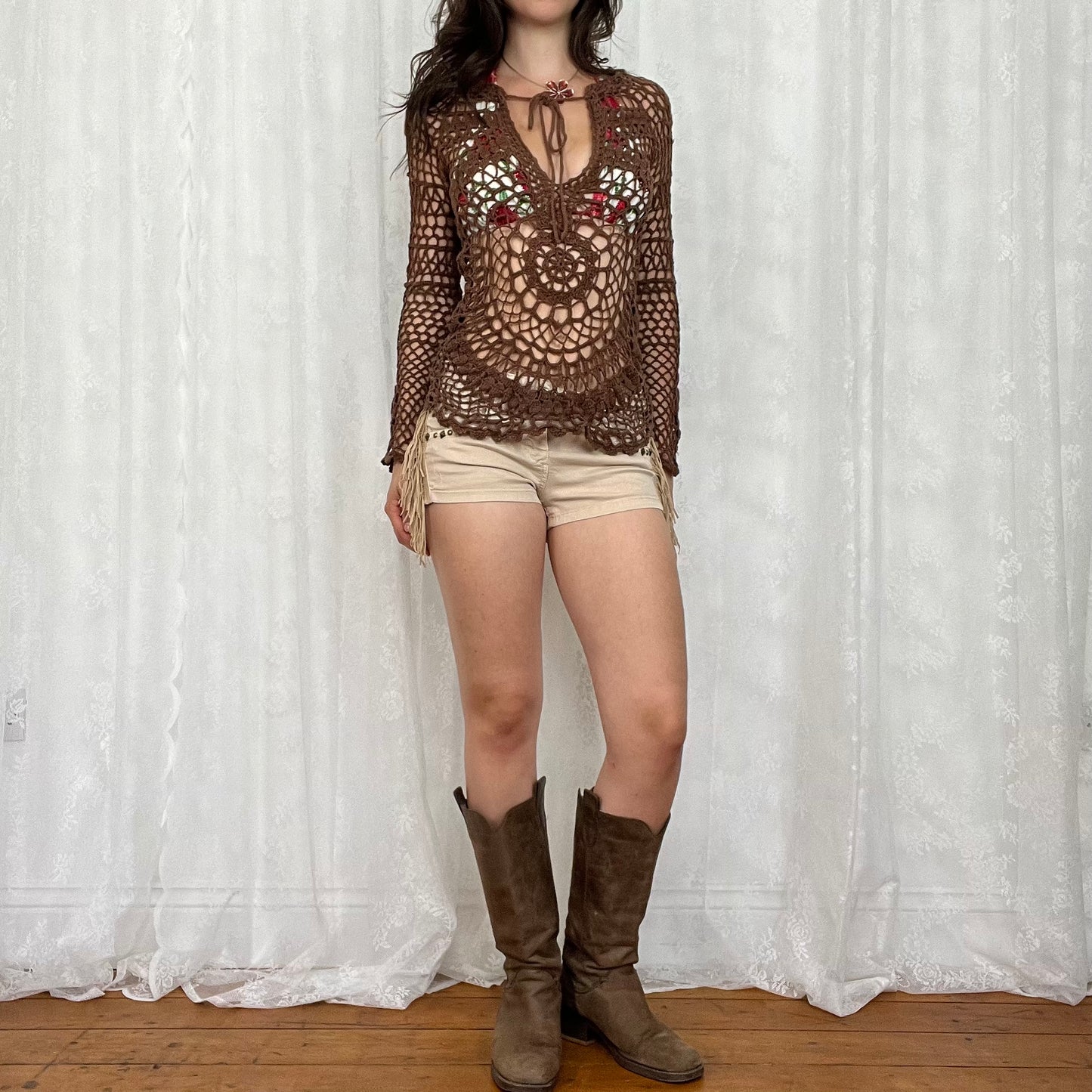 vintage 00s brown crochet long sleeve top