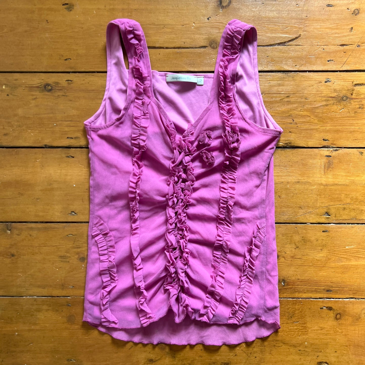 vintage 00s pink ruffle mesh cami with rose bud details